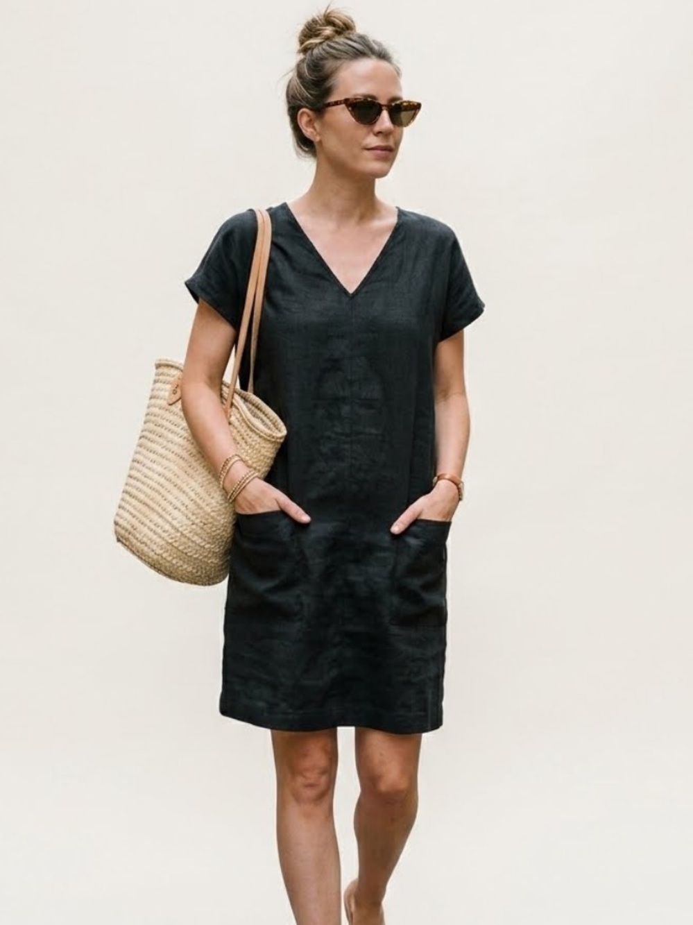 Magic Linen V-Neck Black Tunic Mini Shift Dress Pockets Oversized XS Minimalist